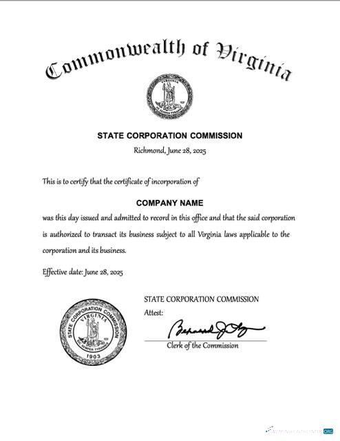 Download USA Virginia certificate of incorporation Word and PDF template Photoshop template